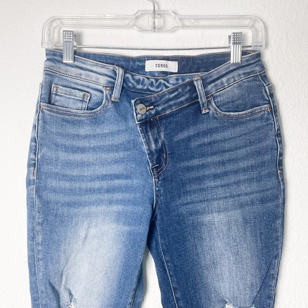 Ceros high rise straight jeans blue ripped raw hem distressed size 25 - Picture 2 of 11